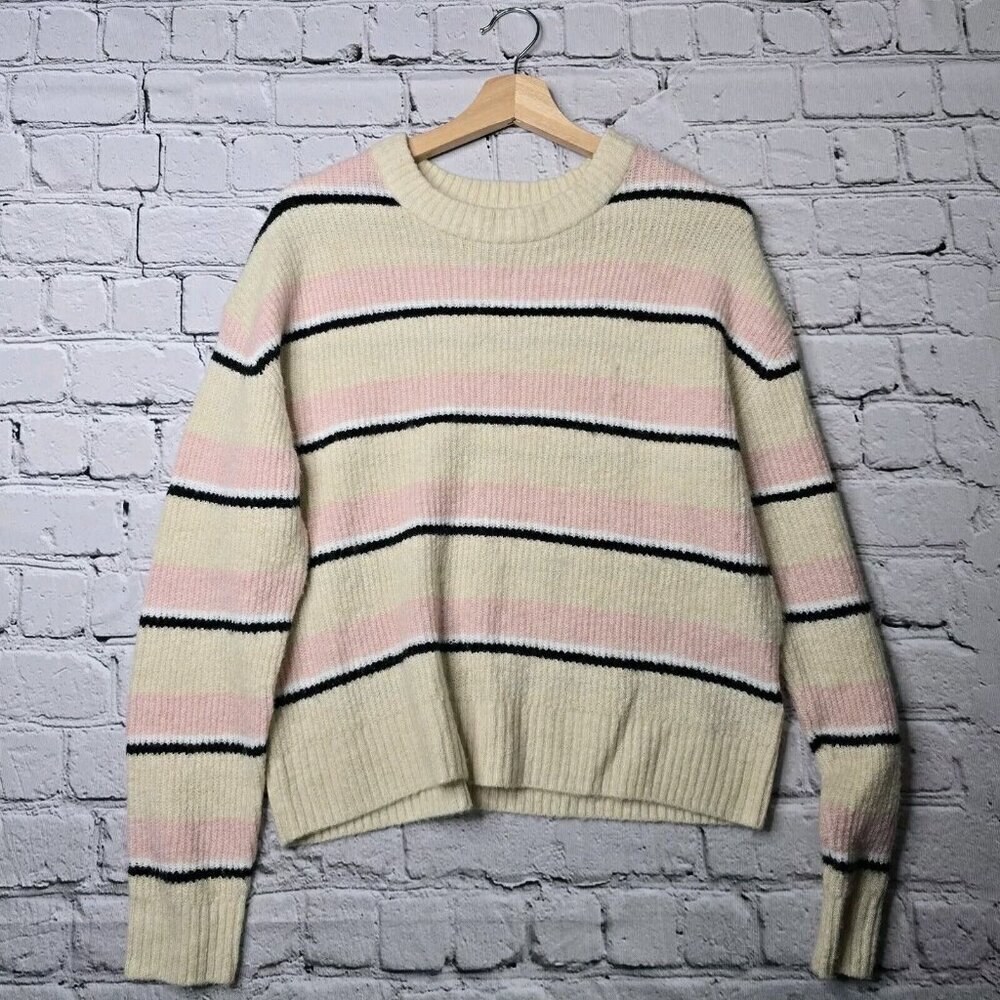 HM Divided Wool Blend Cream Pink Black Stripe Crew Neck Knit Sweater Size S